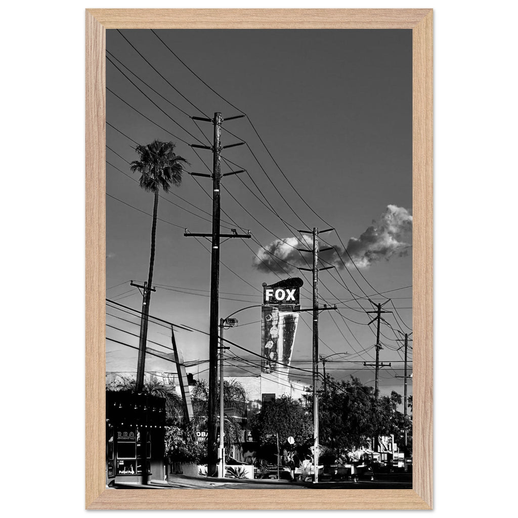 Premium wood-framed semi-glossy poster of iconic LA Westside Road, elegant black and white California wall art print.