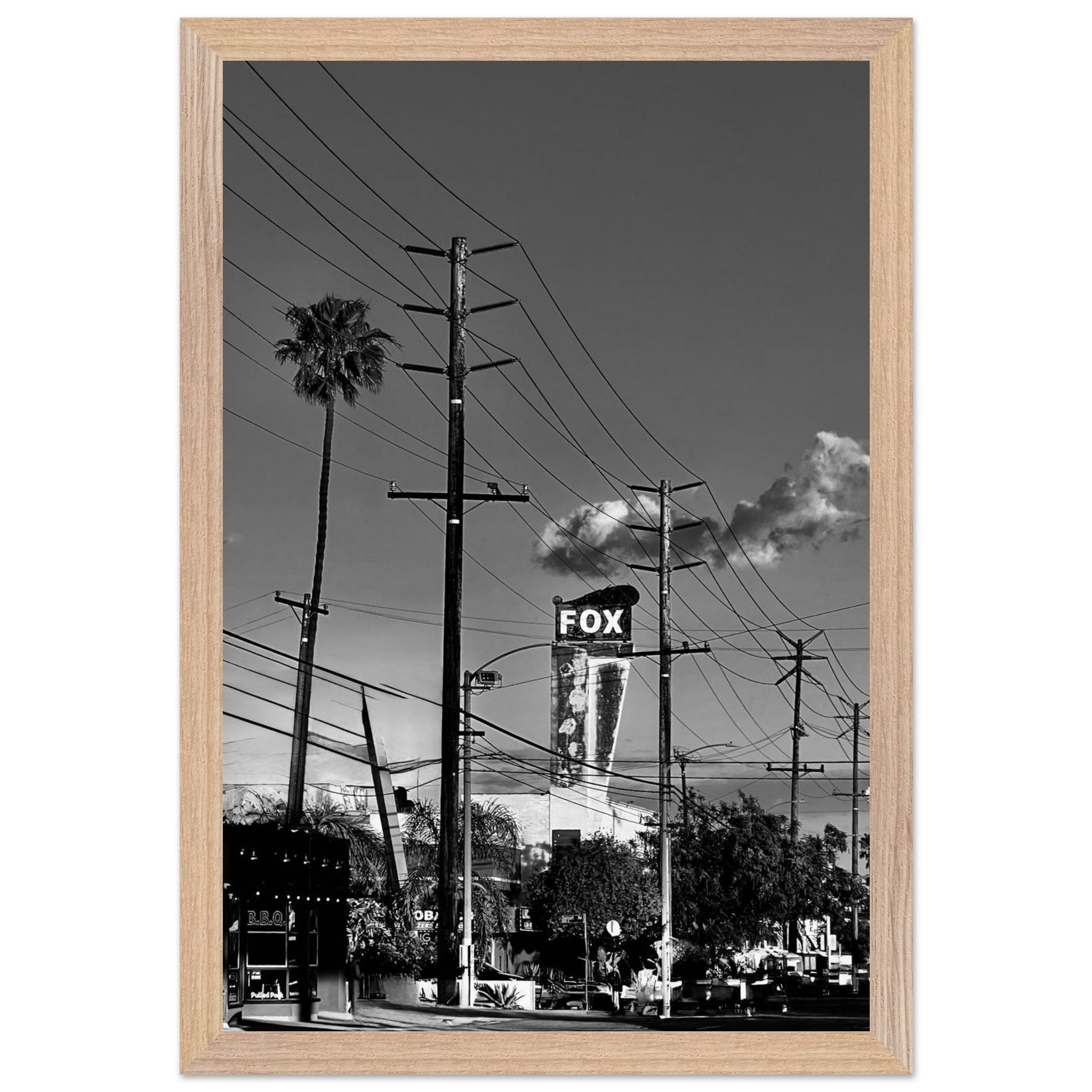 Premium wood-framed semi-glossy poster of iconic LA Westside Road, elegant black and white California wall art print.
