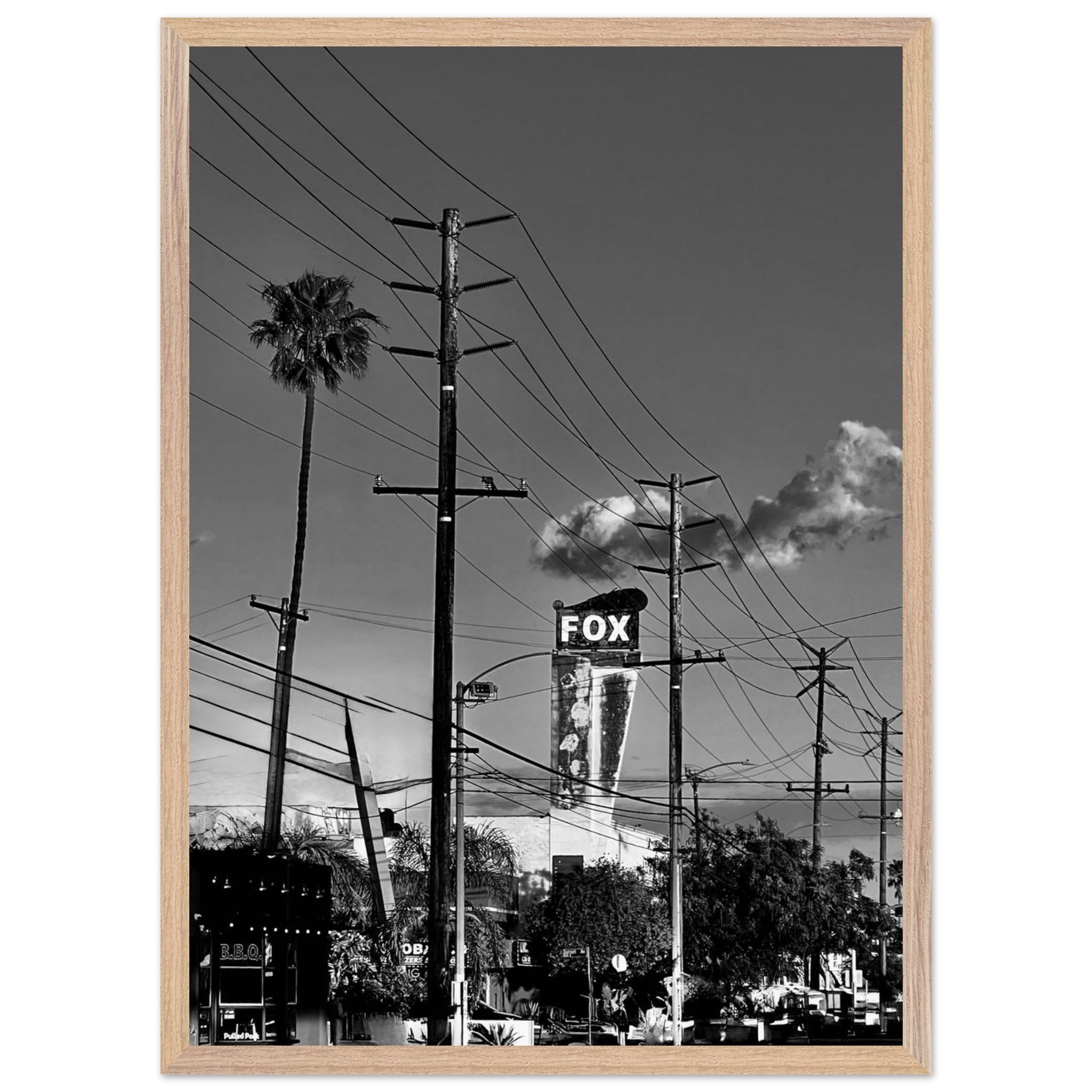 Premium wood-framed semi-glossy poster of LA Westside Road wall art, black and white California print, Studio Edition Black & White Series.