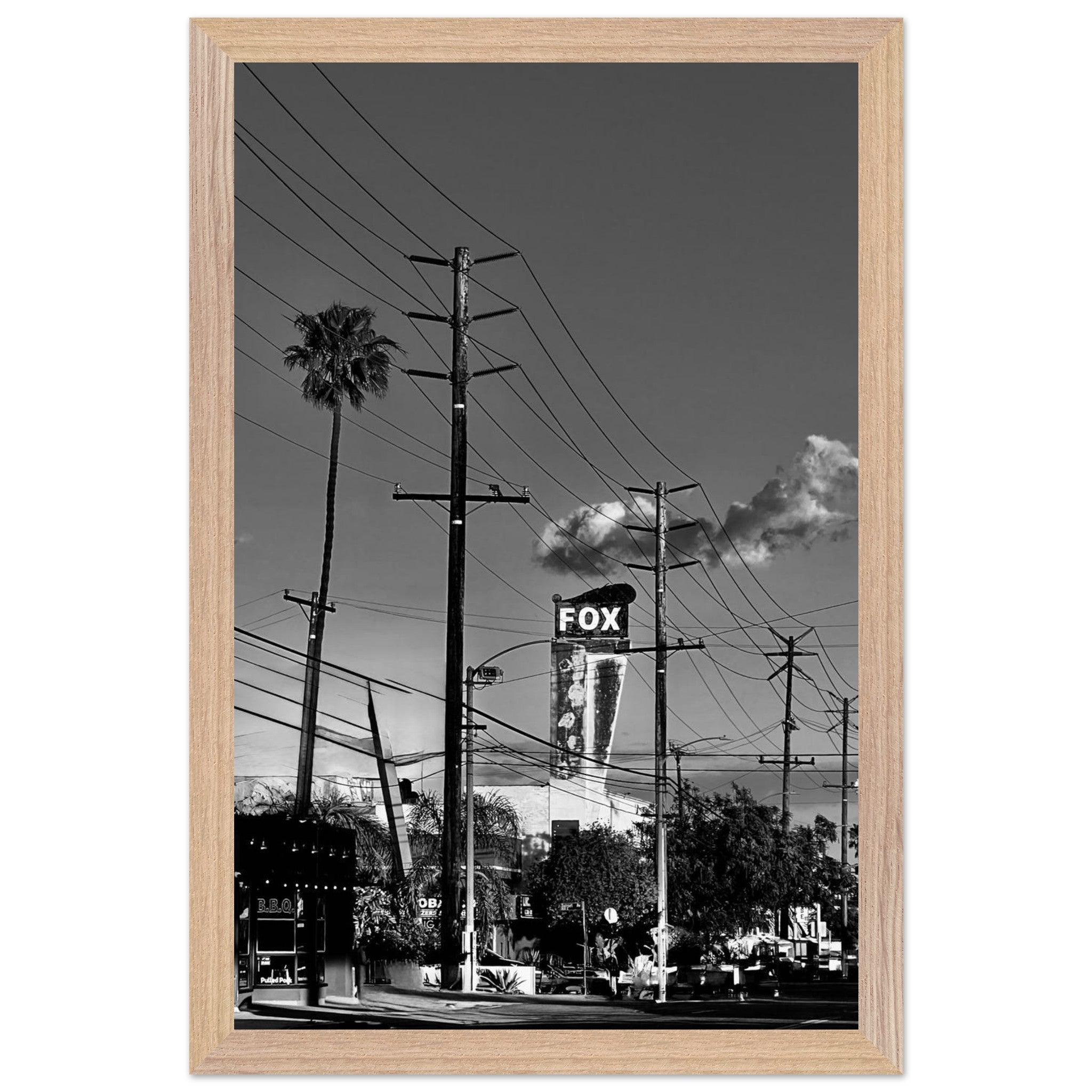 Black and white LA Westside Road poster framed with wood, semi-glossy finish, elegant wall art for California interior decor.