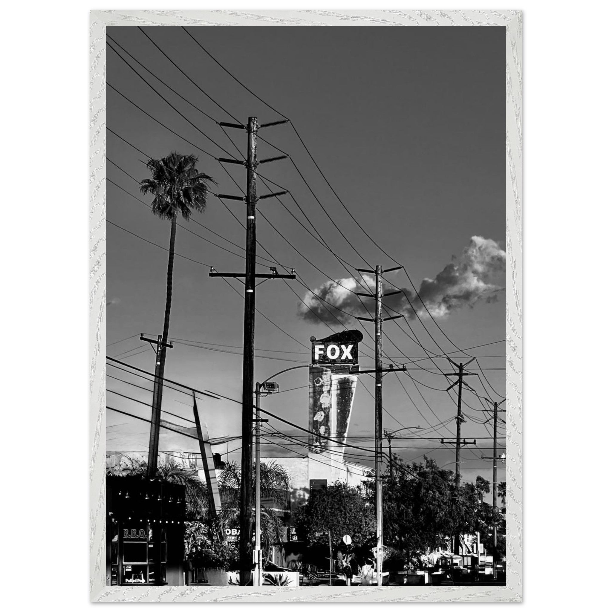 Premium wood-framed semi-glossy poster of iconic LA Westside Road, elegant black and white California wall art print.