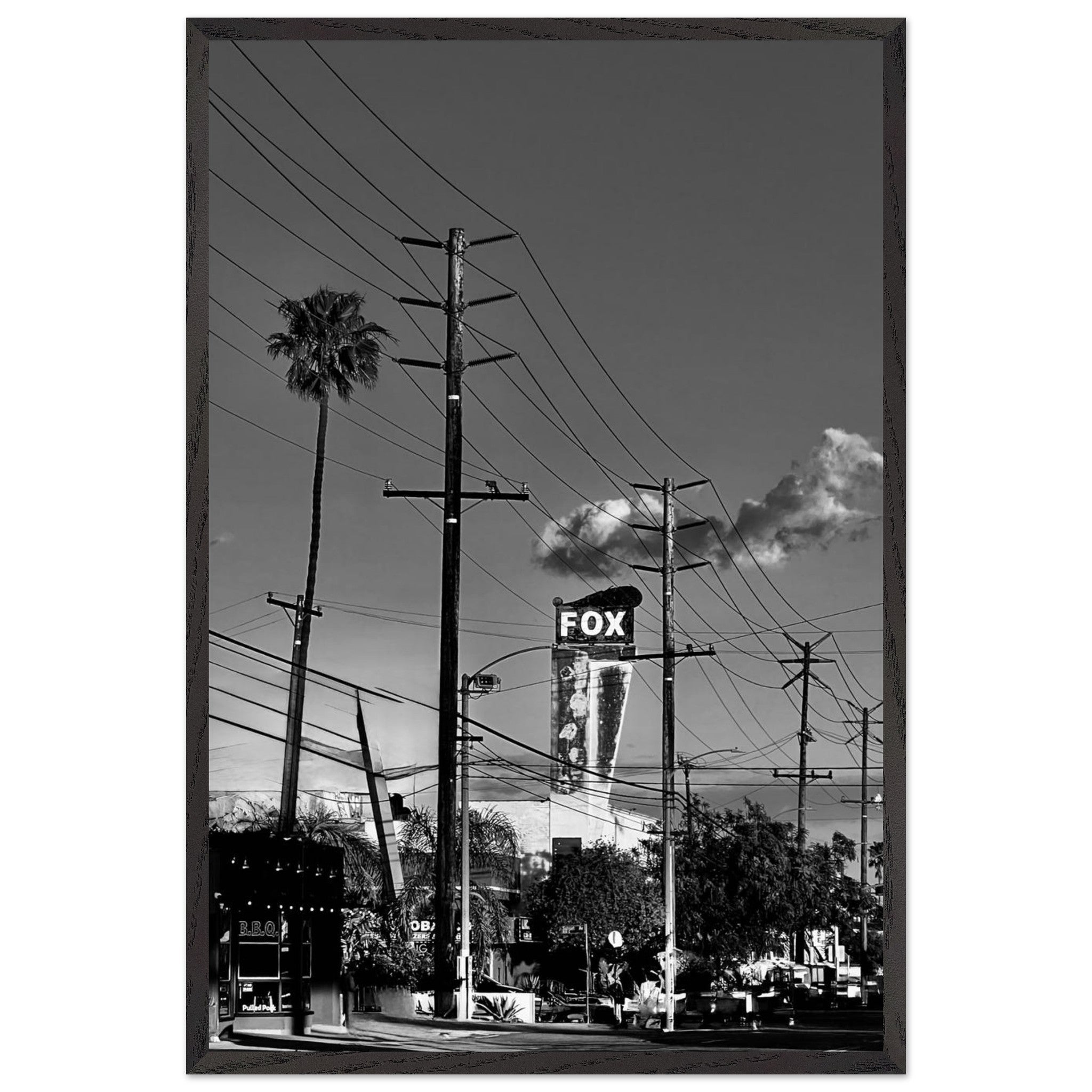 Black and white LA Westside Road poster framed with wood, semi-glossy finish, elegant wall art from the California Studio Edition series.