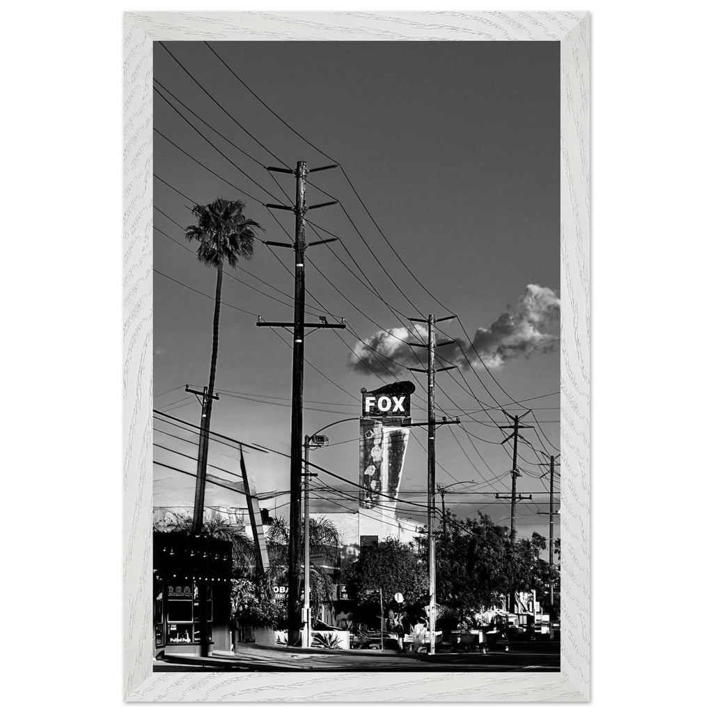Premium wood-framed semi-glossy poster of iconic LA Westside Road, elegant black and white California wall art print.