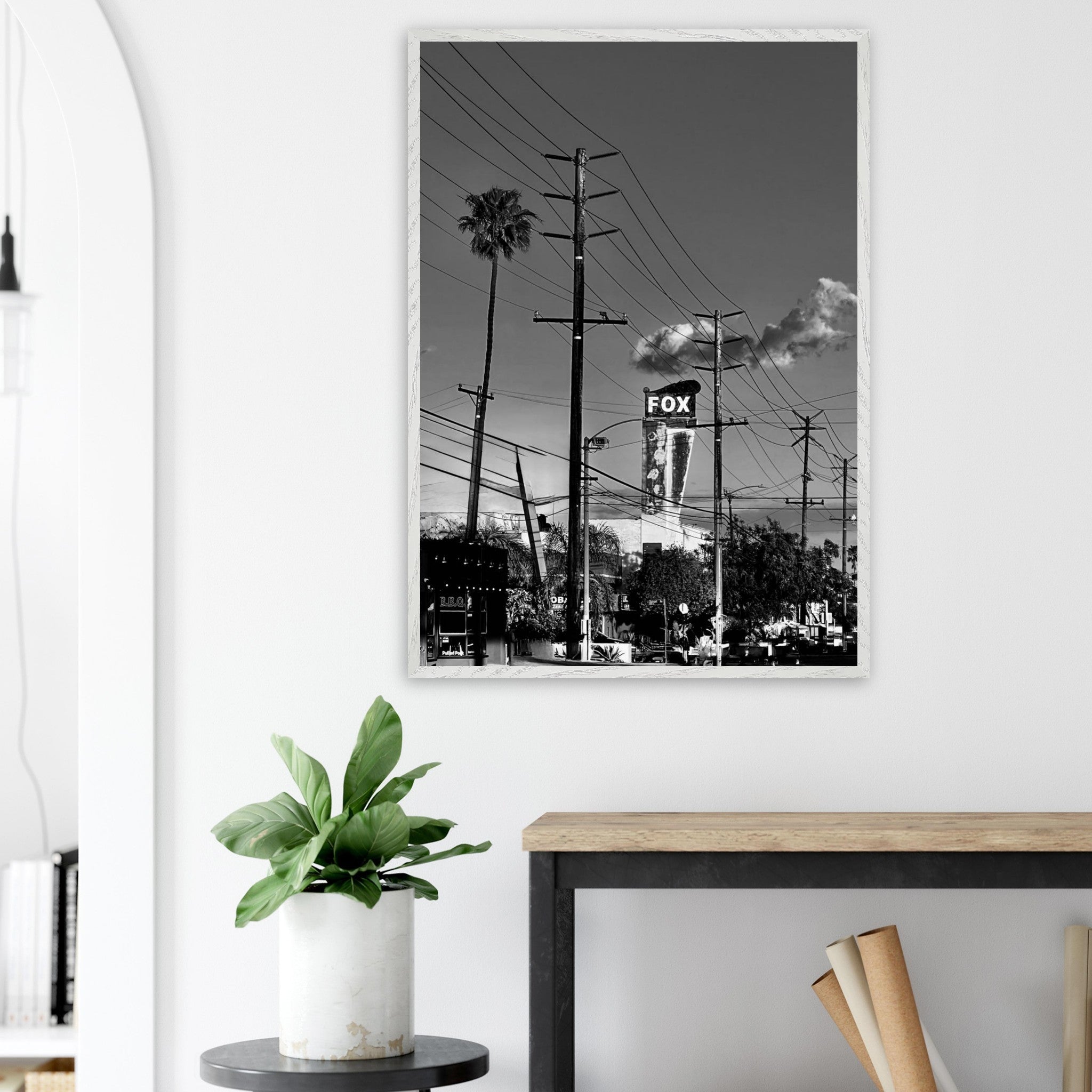 Premium wood-framed semi-glossy poster of iconic LA Westside Road, black and white California wall art print.