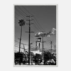 Black and white framed print of LA Westside Road poster, featuring elegant California wall art in a wood frame.