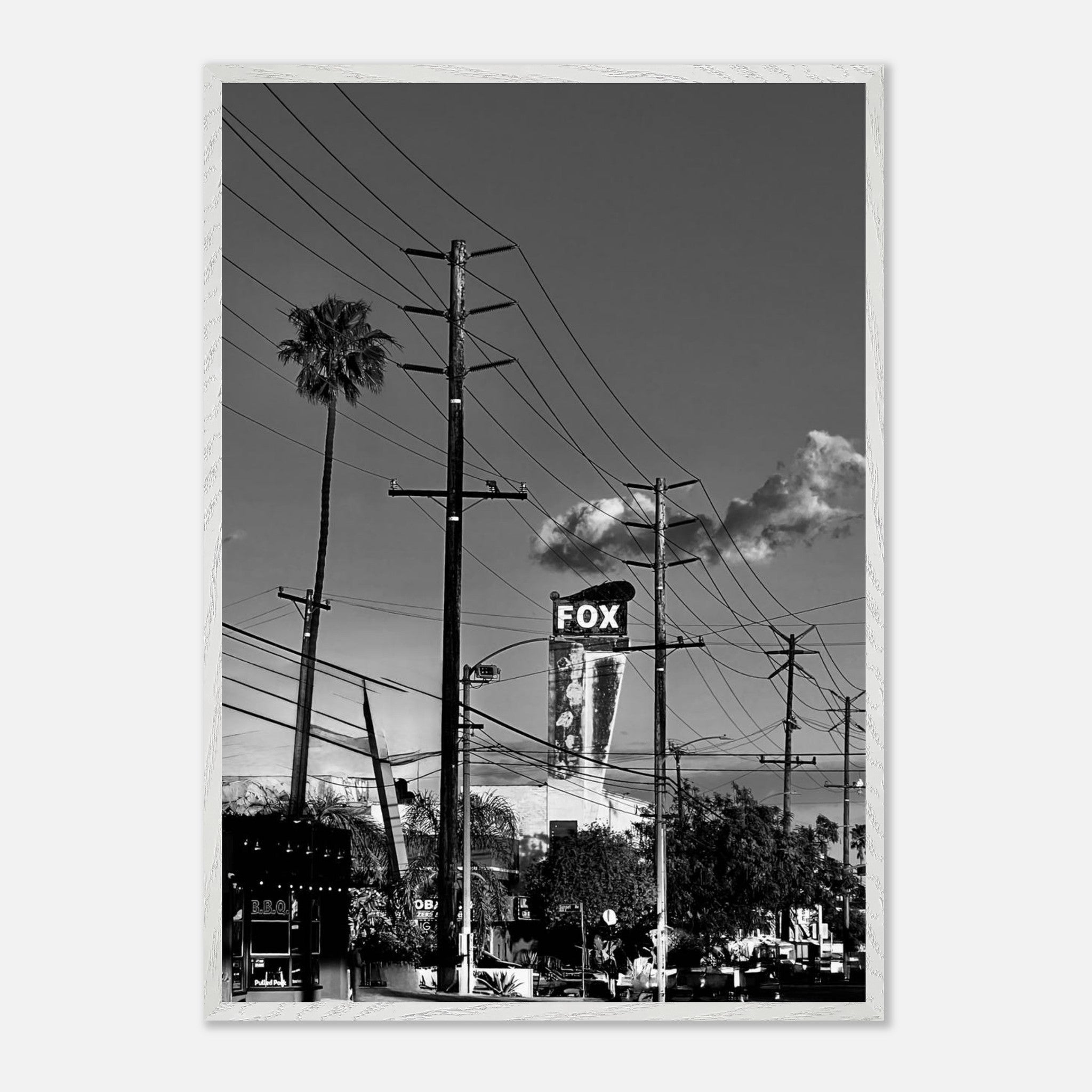 Black and white framed print of LA Westside Road poster, featuring elegant California wall art in a wood frame.