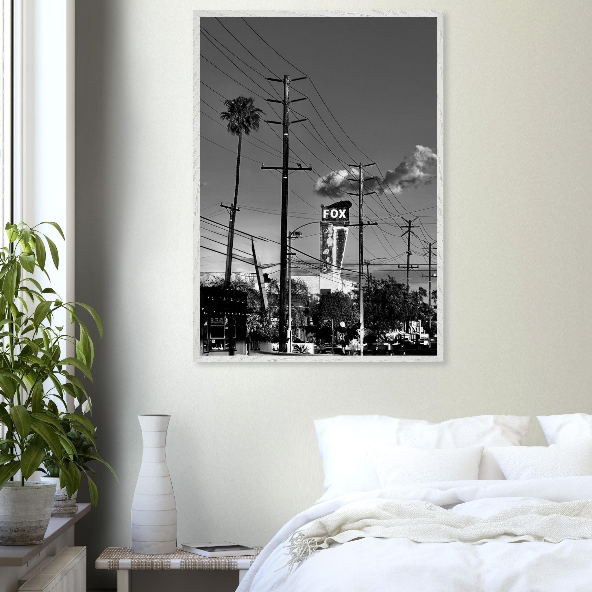 Black and white framed poster of LA Westside Road, premium wood frame, semi-glossy finish, elegant California wall art print.