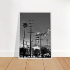 Premium wood-framed semi-glossy poster of LA Westside Road wall art, black and white California print, studio edition.