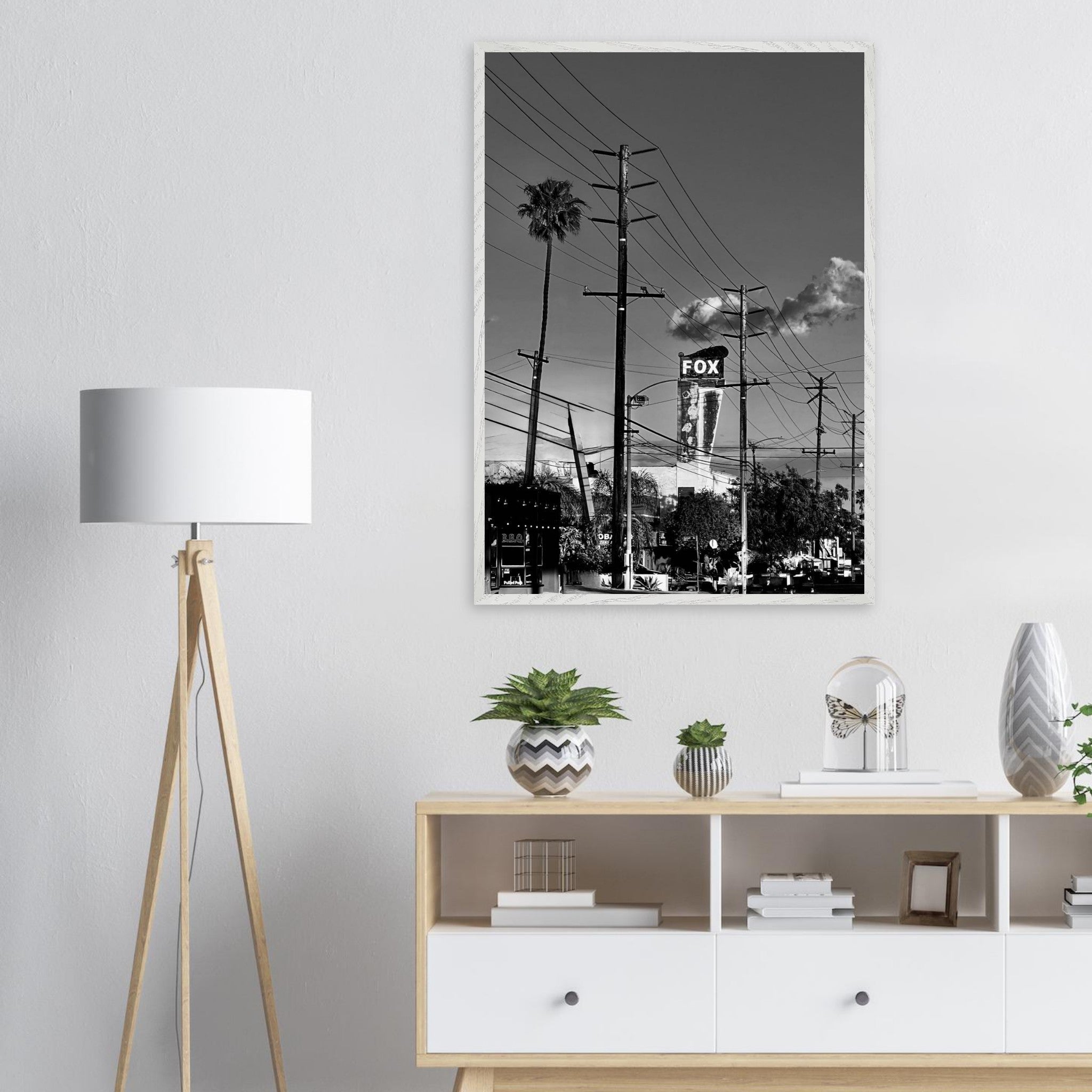 Premium black and white framed poster of LA Westside Road, semi-glossy print, elegant wall art for California decor.