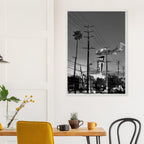 Black and white LA Westside Road poster print in a premium wood frame, semi-glossy finish, elegant California wall art.