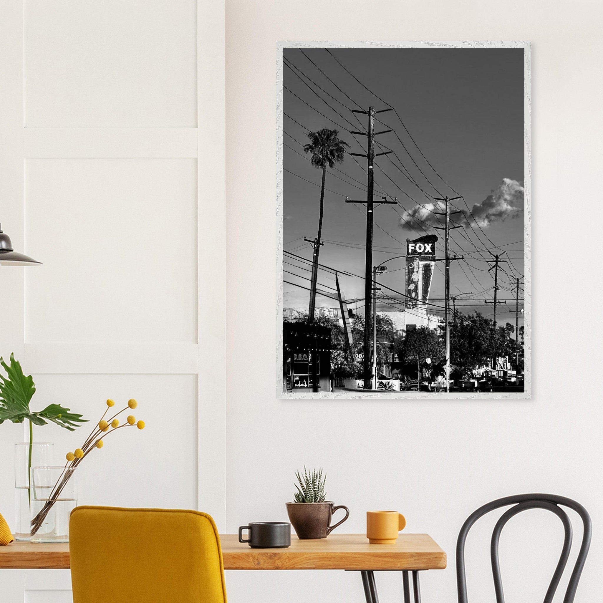 Black and white LA Westside Road poster print in a premium wood frame, semi-glossy finish, elegant California wall art.