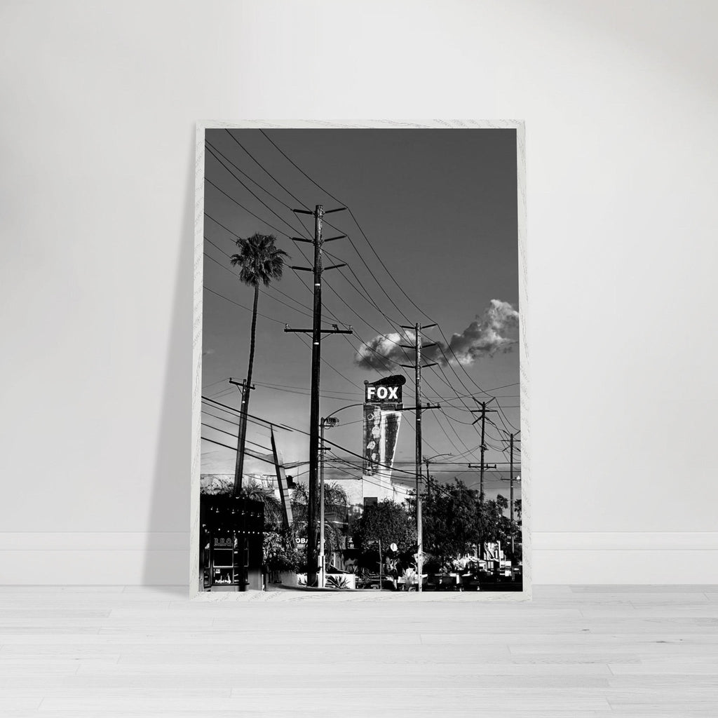 Premium wood-framed semi-glossy poster of iconic LA Westside Road, black and white California wall art print.