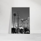 Premium wood-framed semi-glossy poster of iconic LA Westside Road, black and white California wall art print.