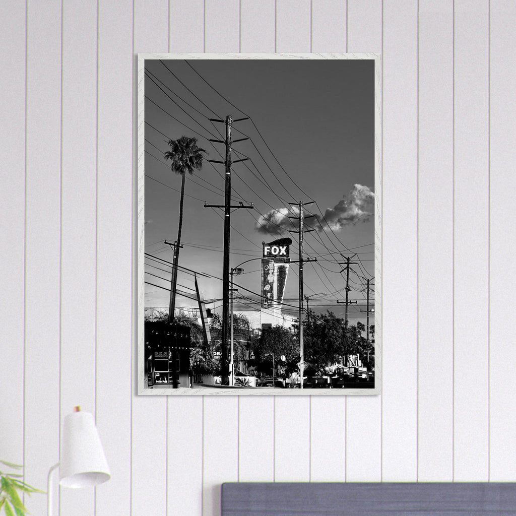 Premium wood-framed semi-glossy poster of LA Westside Road, elegant black and white California wall art print.