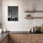 Premium wood-framed semi-glossy poster of LA Westside Road, black and white California wall art, studio edition for stylish home decor.