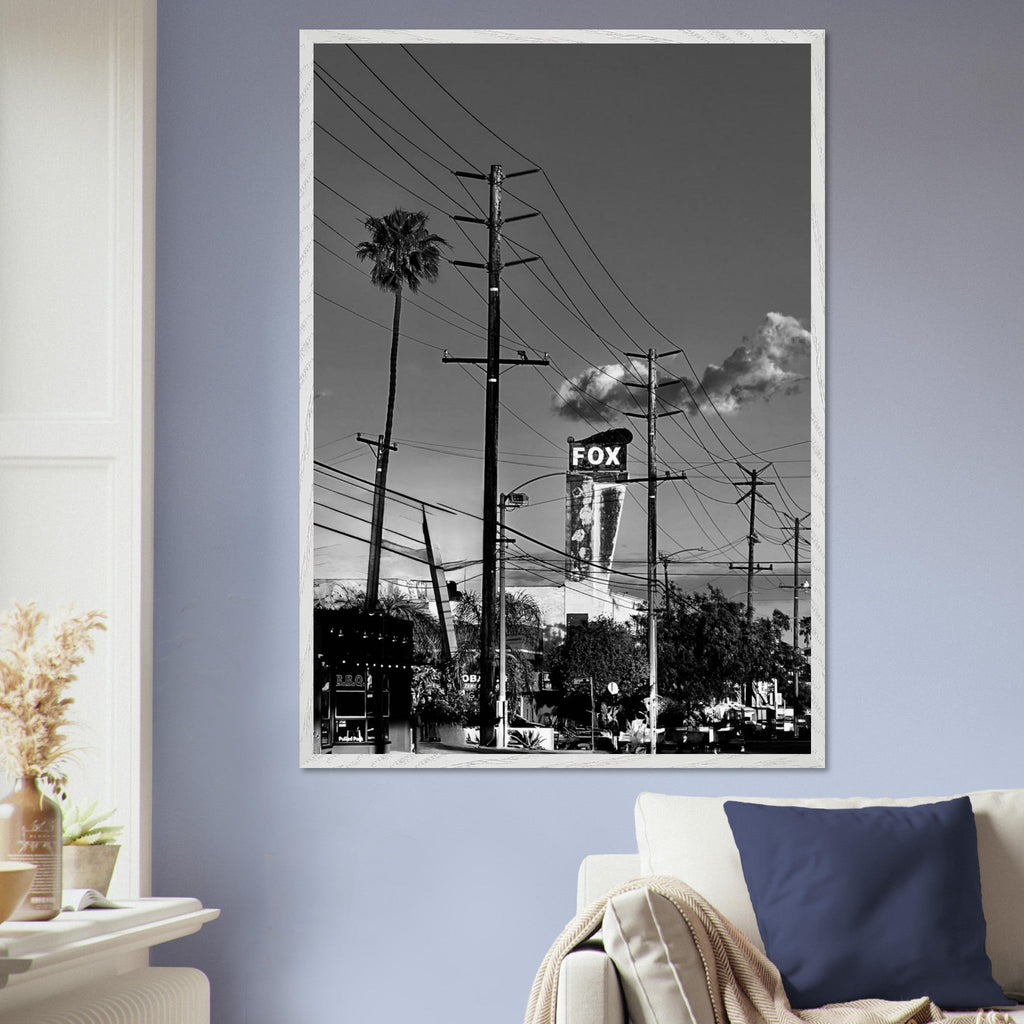 Premium wood-framed semi-glossy poster of iconic LA Westside Road, black and white California wall art, Studio Edition print.