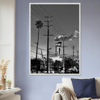 Premium wood-framed semi-glossy poster of iconic LA Westside Road, black and white California wall art, Studio Edition print.