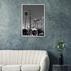 Wood-framed semi-glossy poster of iconic LA Westside Road wall art, black and white California scene, studio edition print.