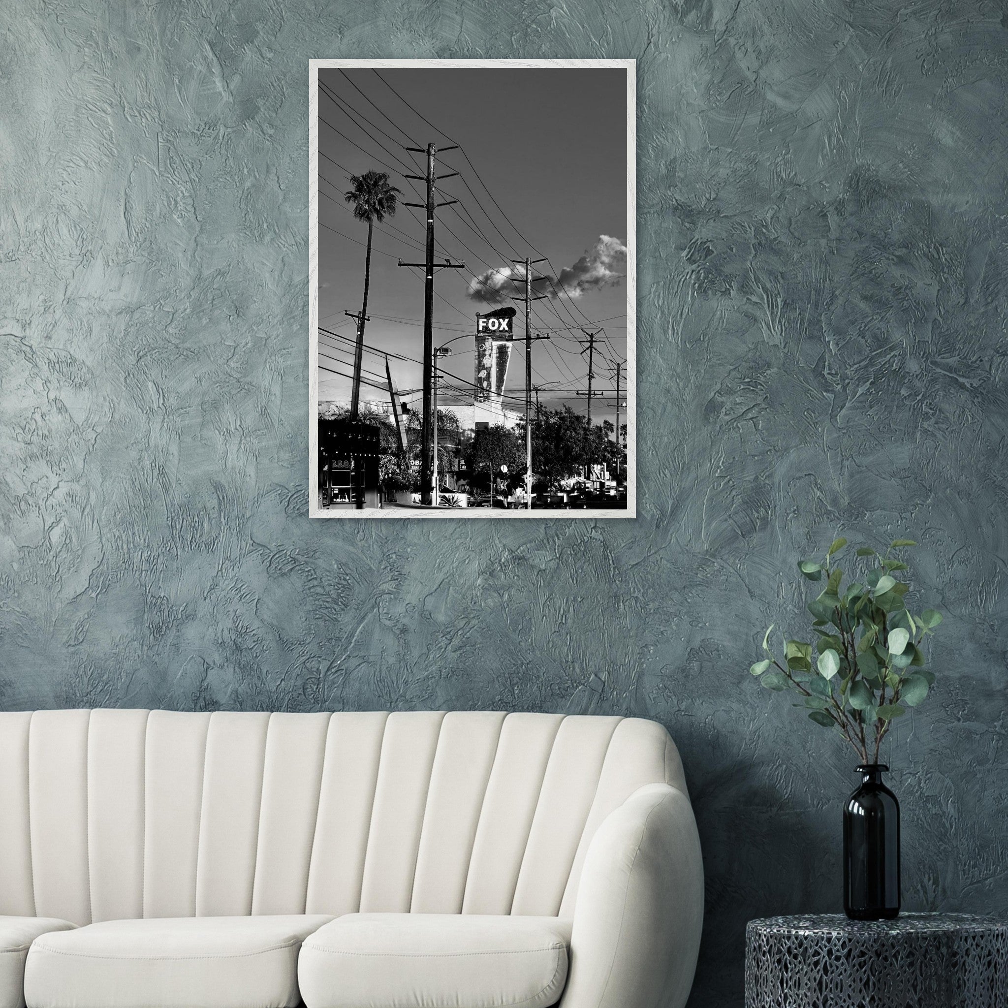 Wood-framed semi-glossy poster of iconic LA Westside Road wall art, black and white California scene, studio edition print.