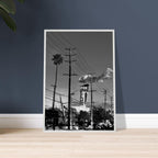 Premium wood-framed semi-glossy poster of LA Westside Road, black and white California wall art, studio edition print.