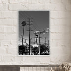 Premium wood-framed semi-glossy poster of LA Westside Road, elegant black and white California wall art print.