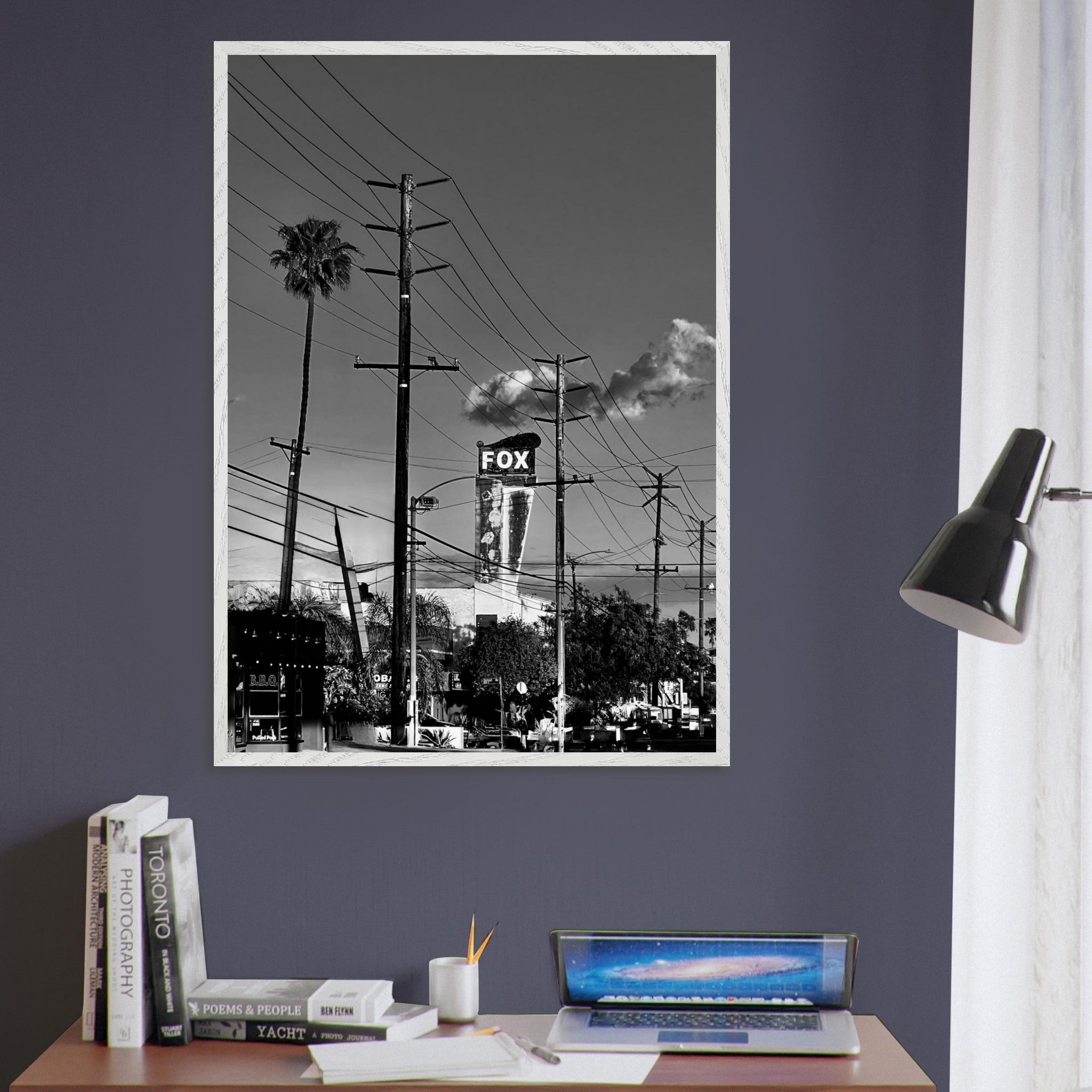 Premium wood-framed semi-glossy poster of iconic LA Westside Road, elegant black and white California wall art print.