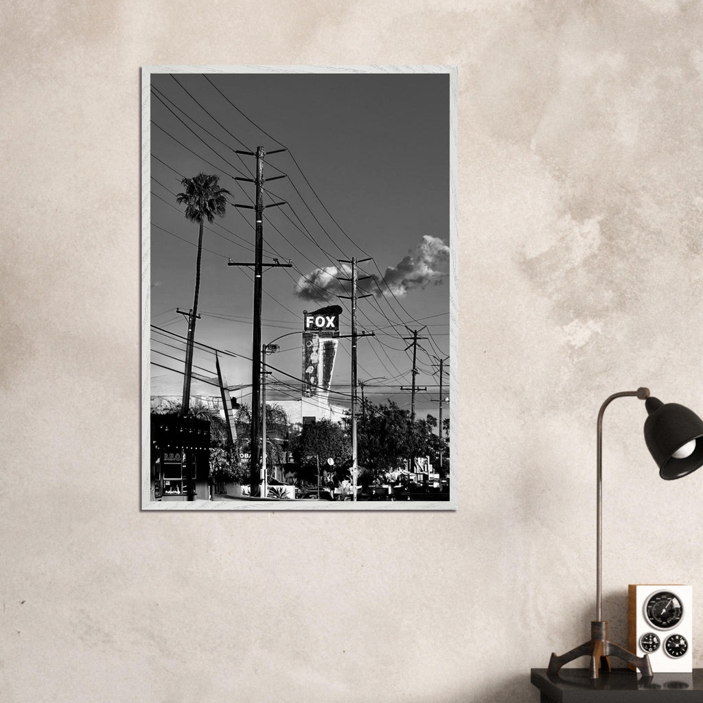 Black and white framed print of LA Westside Road poster, premium wood frame, semi-glossy finish, stylish wall art for California decor.