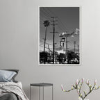Premium wood-framed semi-glossy poster of iconic LA Westside Road, elegant black and white California wall art print.