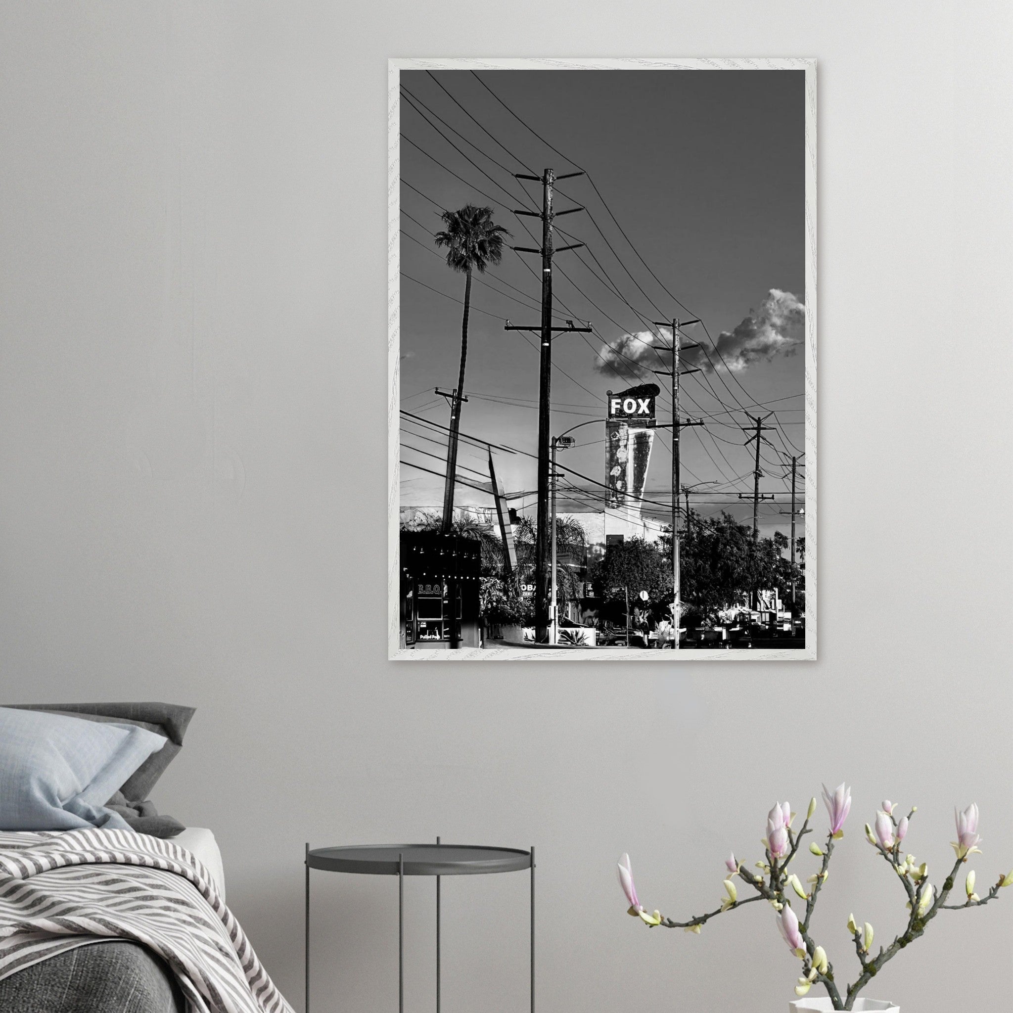Premium wood-framed semi-glossy poster of iconic LA Westside Road, elegant black and white California wall art print.