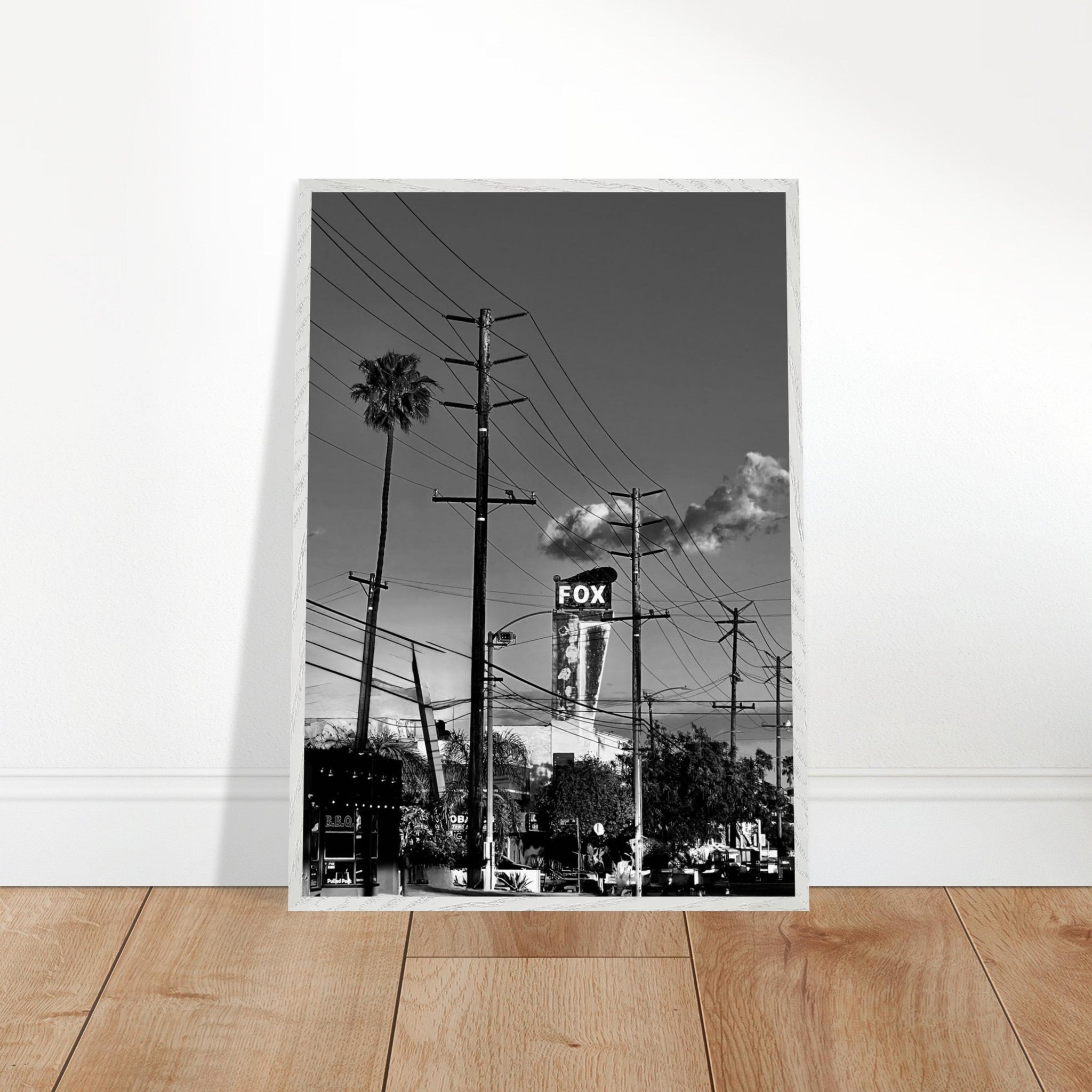 Black and white LA Westside Road poster framed in wood, semi-glossy finish, elegant wall art from the California Studio Edition series.