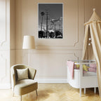 Black and white framed print of LA Westside Road poster, premium wood frame, semi-glossy finish, elegant wall art from California series.