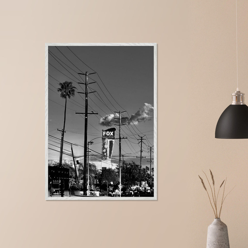 Premium wood-framed semi-glossy poster of iconic LA Westside Road, elegant black and white California wall art print.