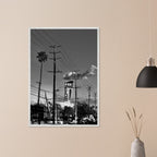Premium wood-framed semi-glossy poster of iconic LA Westside Road, elegant black and white California wall art print.