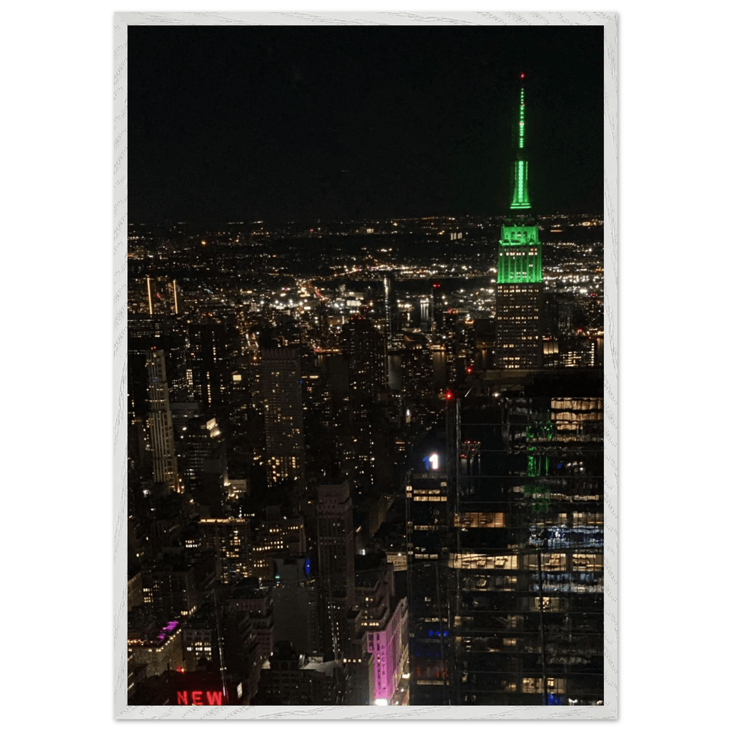 Premium wood-mounted framed poster of NYC downtown night view with Empire State Building, part of travel collection, Studio Edition.