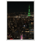 Premium wood-mounted framed poster of NYC downtown night view with Empire State Building, part of travel collection, Studio Edition.