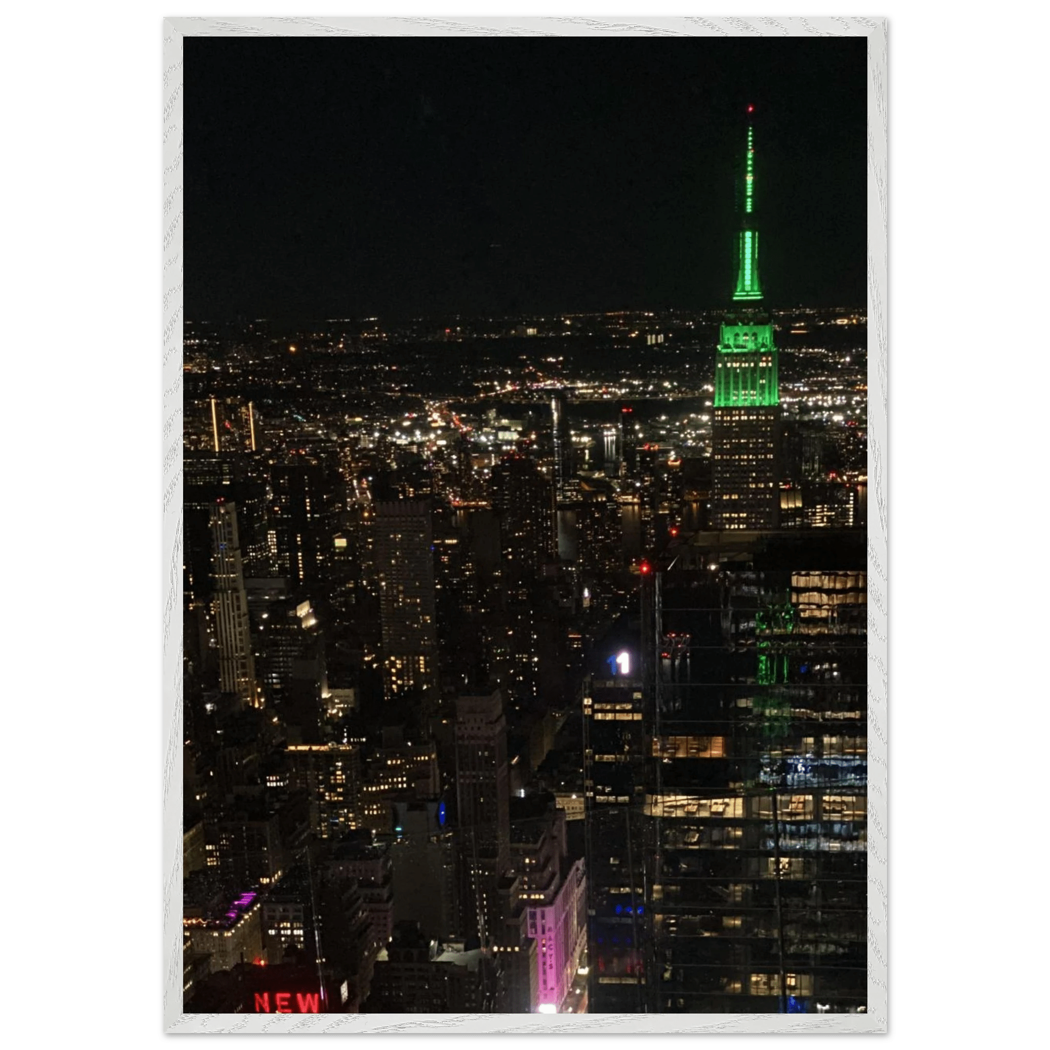 Premium wood-mounted framed poster of NYC downtown night view with Empire State Building, part of travel collection, Studio Edition.