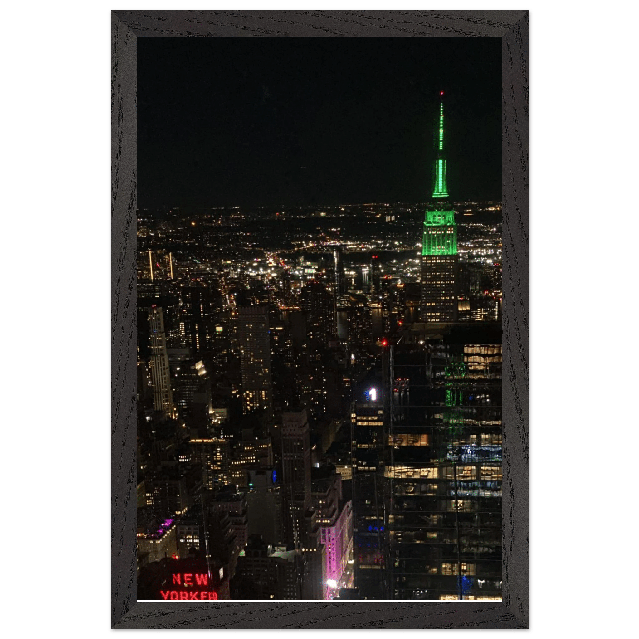Premium wood-mounted framed poster of NYC downtown night view with Empire State Building, 15x20 cm print in white frame, Studio Edition.
