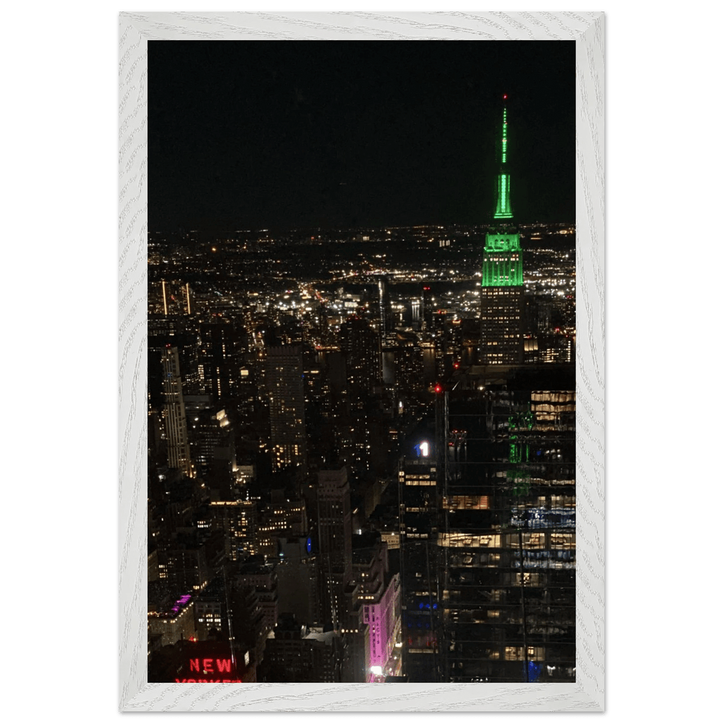 Premium wood-mounted framed poster of NYC downtown night view with Empire State Building, part of the Travel Collection, Studio Edition.