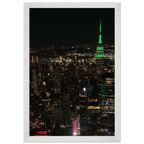 Premium wood-mounted framed poster of NYC downtown night view with Empire State Building, part of the Travel Collection, Studio Edition.
