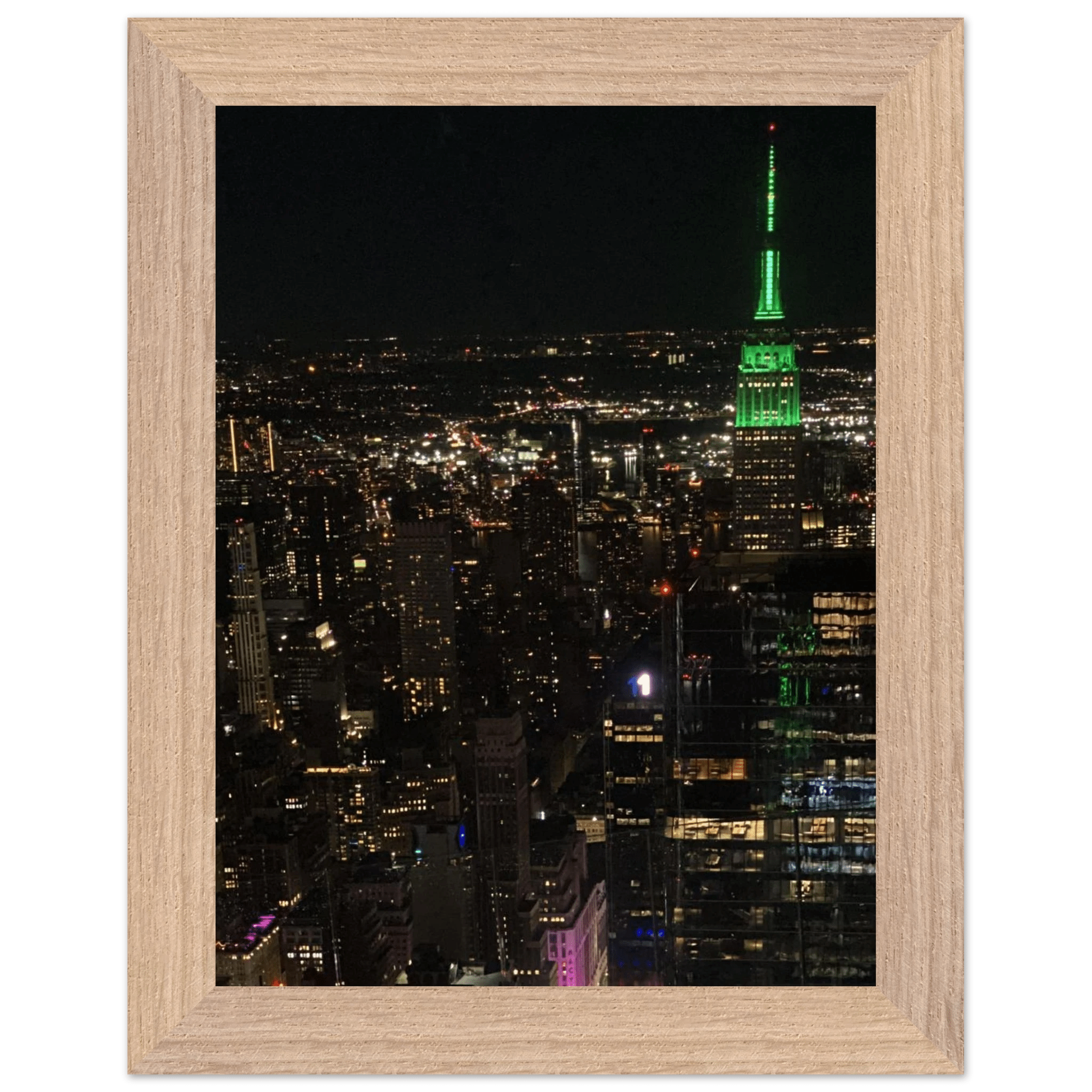 Premium wood-mounted framed poster of NYC downtown night view with Empire State Building, part of the Travel Collection studio edition.