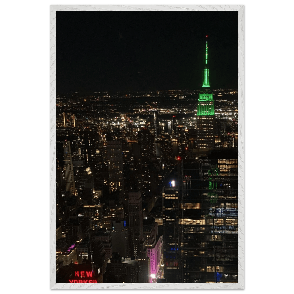 Premium wood-mounted framed poster of NYC downtown night view with Empire State Building, featuring a white frame and travel theme.