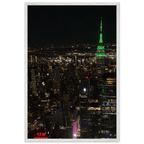 Premium wood-mounted framed poster of NYC downtown night view with Empire State Building, featuring a white frame and travel theme.