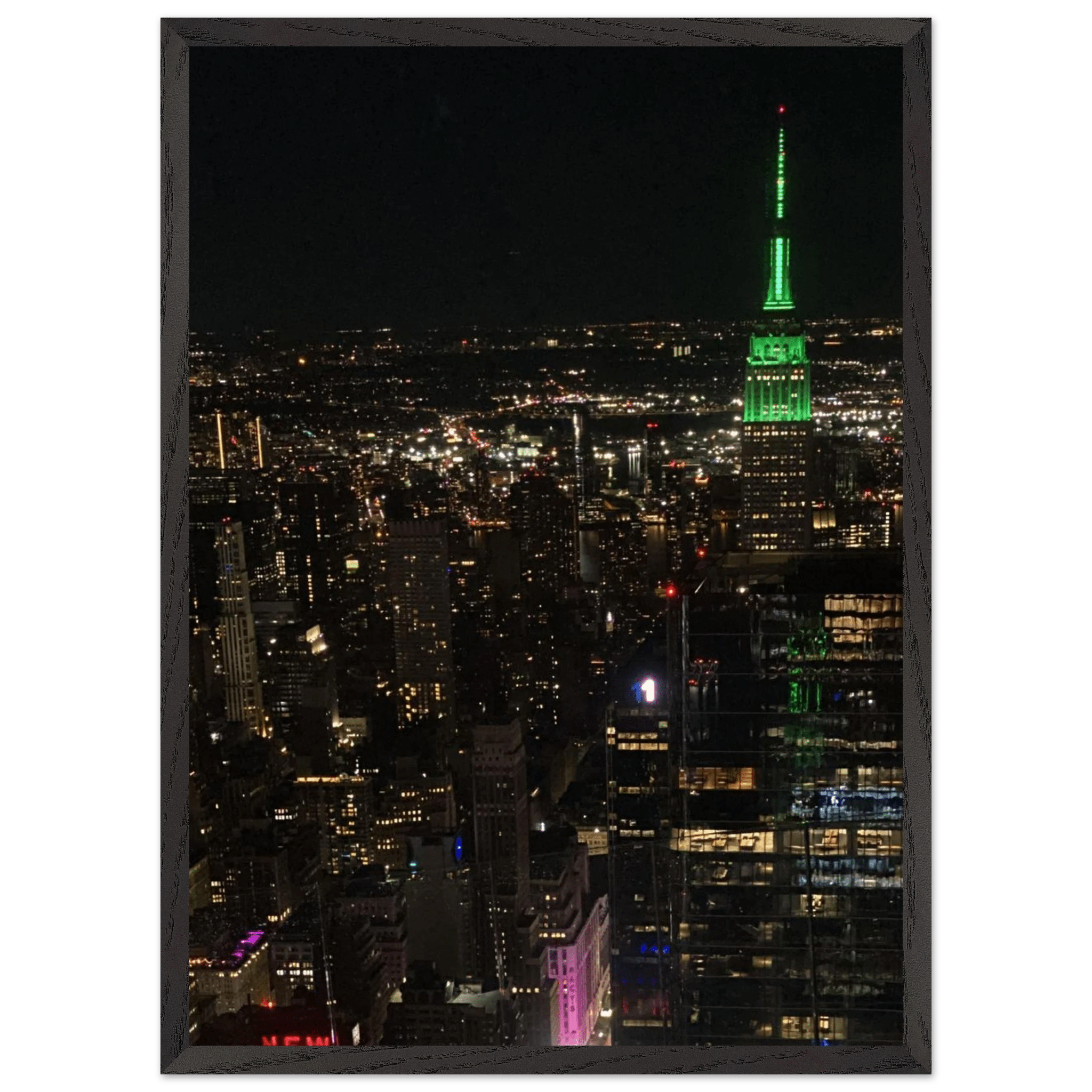 Wood mounted framed poster of NYC downtown night view with Empire State Building, part of the Travel Collection by My Store.