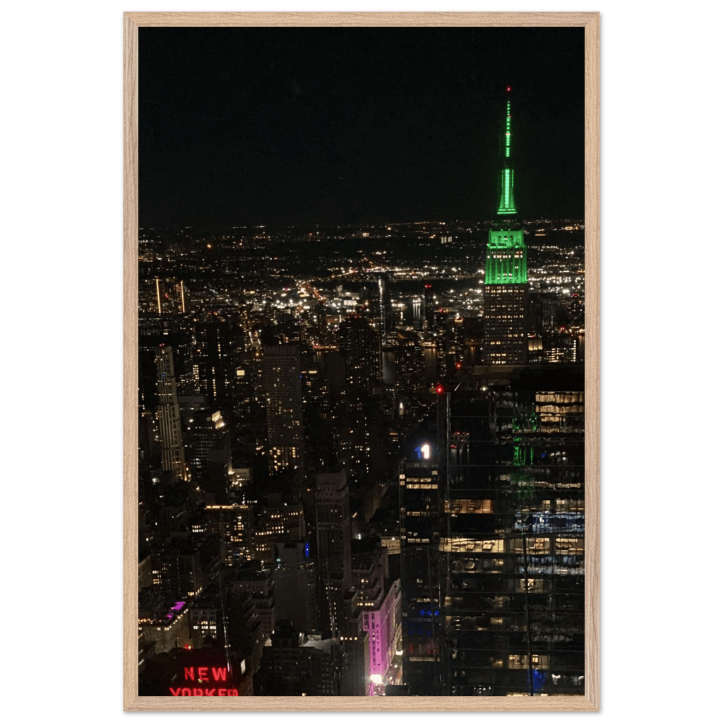 Premium wood-mounted framed poster of NYC downtown night view with Empire State Building, 15x20 cm print, white frame, travel collection.