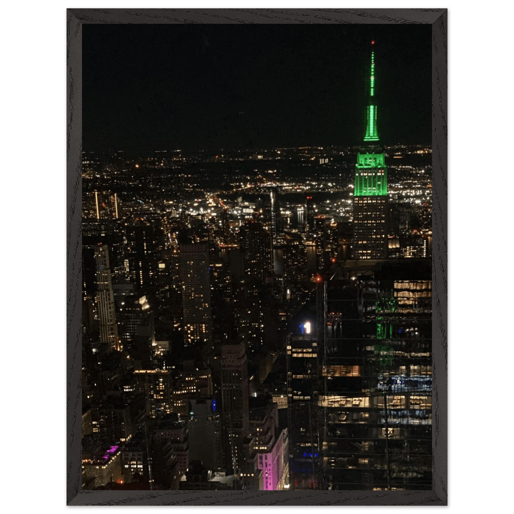 Wood-mounted framed poster of NYC downtown night view with Empire State Building, part of the Studio Edition Travel Collection.
