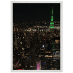 Premium wood-mounted framed poster of NYC downtown night view with Empire State Building, part of the Studio Edition Travel Collection.