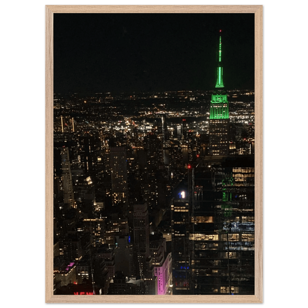Premium wood-mounted framed poster of NYC Downtown Night View with Empire State Building, 15x20 cm print in white frame.
