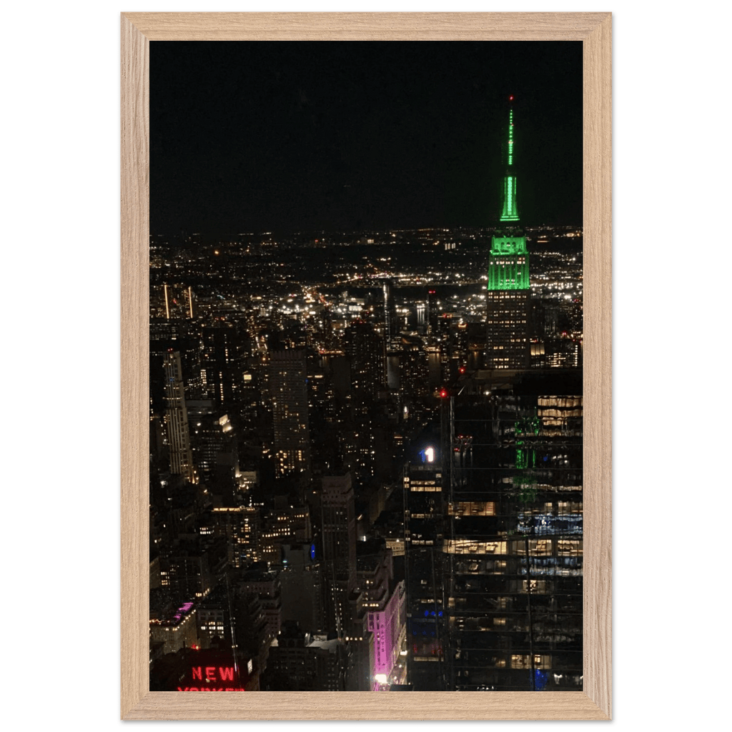 Premium wood-mounted framed poster of NYC downtown night view with Empire State Building, part of Travel Collection Studio Edition.