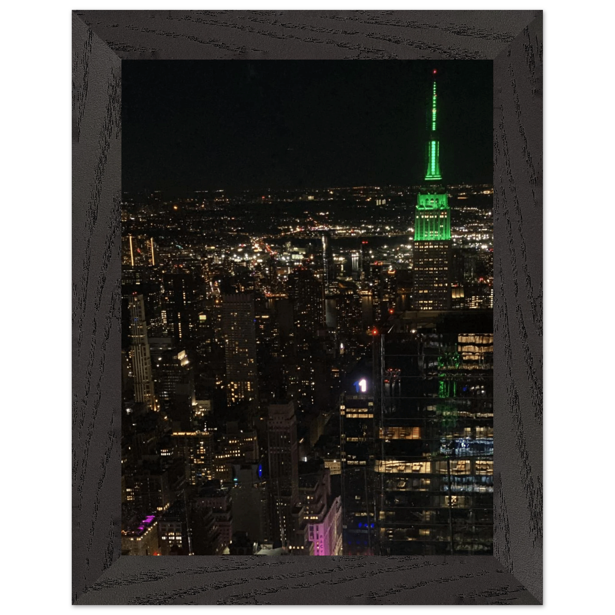 Wood-mounted framed poster of NYC downtown night view with Empire State Building, part of the Studio Edition travel collection.