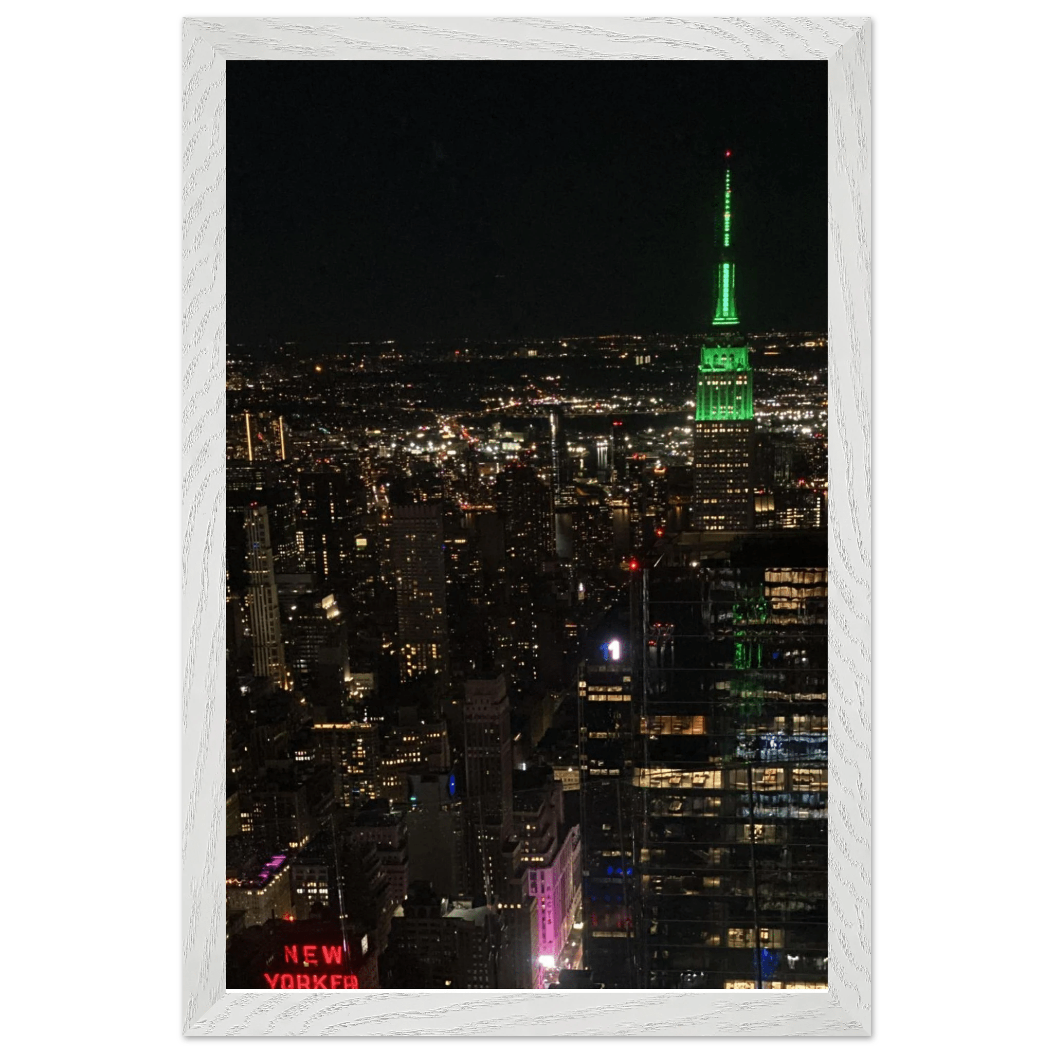 Wood-mounted framed poster of NYC downtown night view with Empire State Building, part of the Travel Collection, Studio Edition.